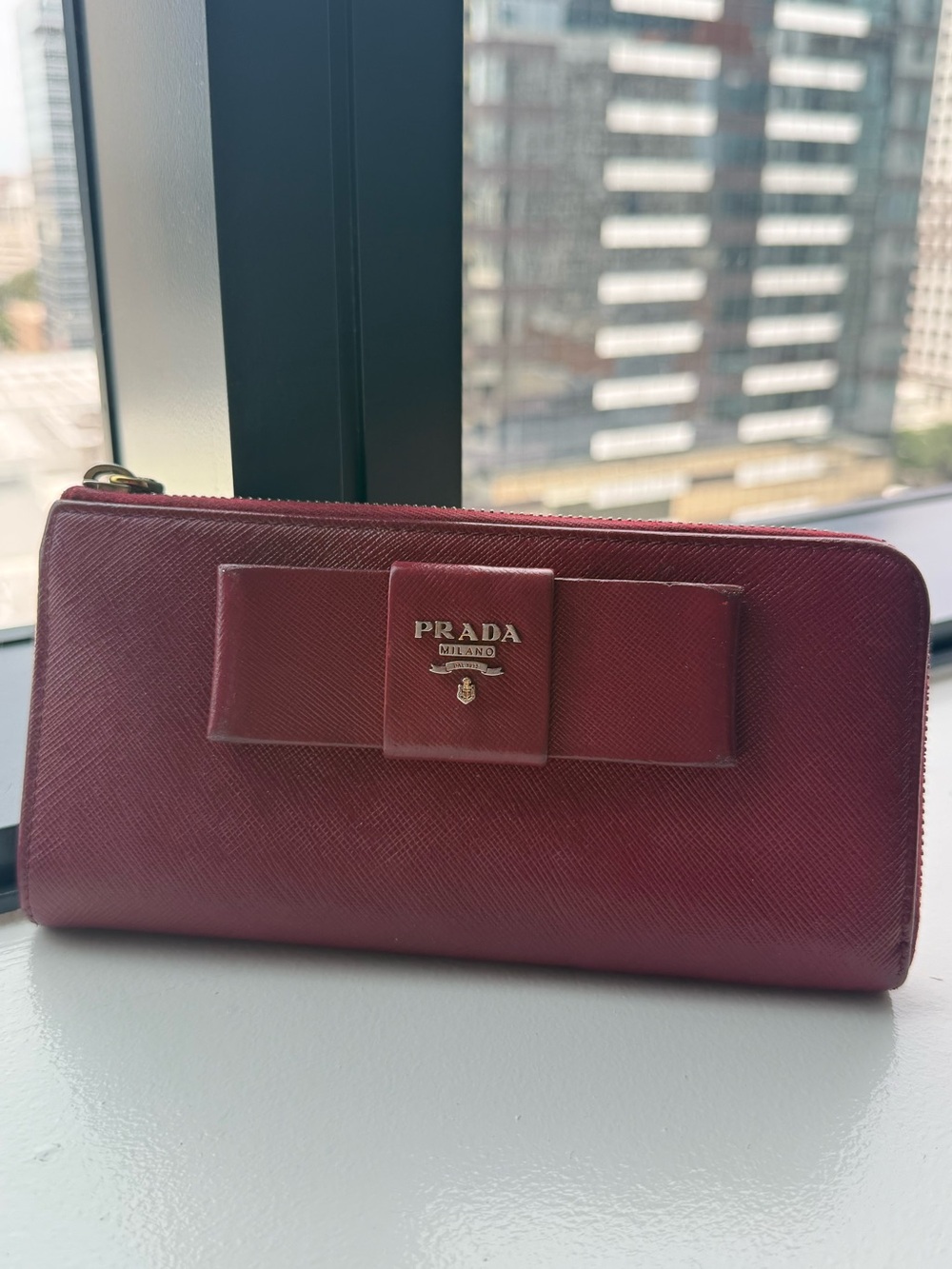 Prada Bow Zip-Around Wallet in Deep Burgundy